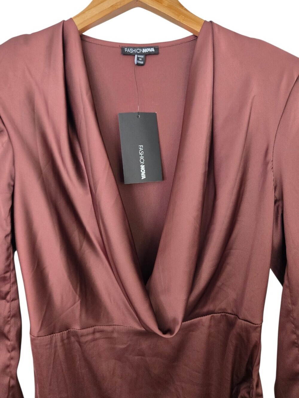 ✨ NWT Fashion Nova Spark The Passion Mini Dress - Chocolate Brown Ruched Satin B - Picture 4 of 7